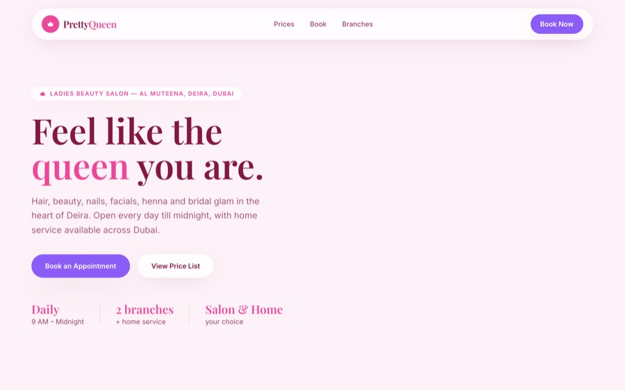 Pretty Queen Beauty Salon website